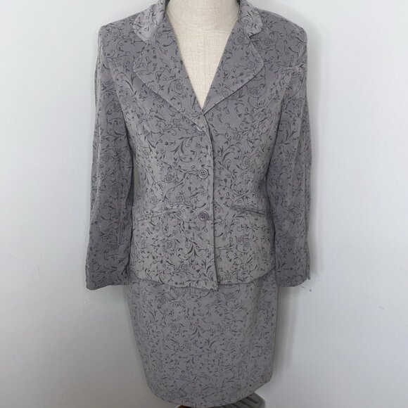 Mary McFadden MMCF Collection Womens Grey Brocade 2 pc Suit Sz 12 Skirt Blazer
